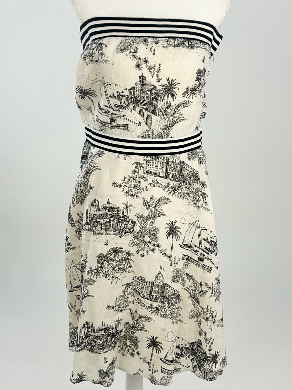 Tommy Bahama Marceau Toile Linen Strapless Dress Cream Black M